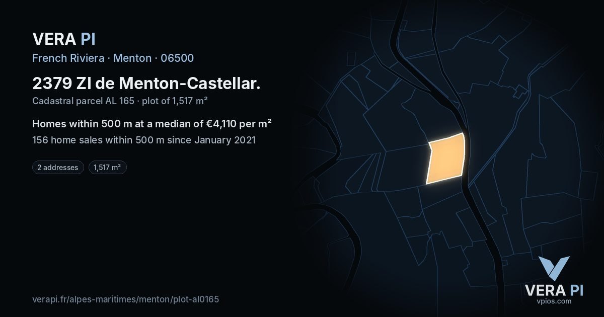 2379 ZI de Menton-Castellar, Menton at night – the plot lit, the parcels around coloured by the prices near them