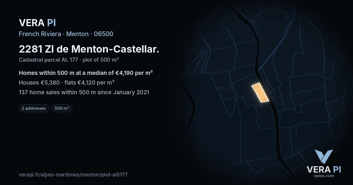 2281 ZI de Menton-Castellar, Menton at night – the plot lit, the parcels around coloured by the prices near them
