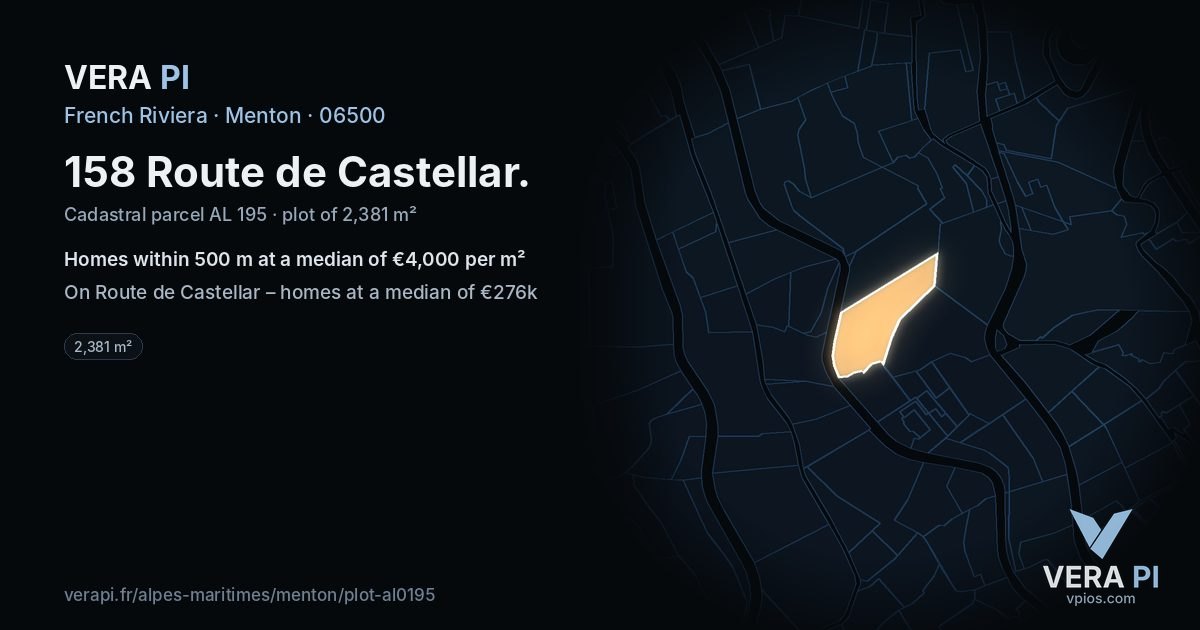 158 Route de Castellar, Menton at night – the plot lit, the parcels around coloured by the prices near them