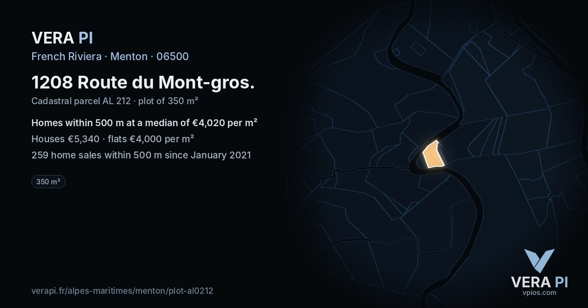1208 Route du Mont-gros, Menton at night – the plot lit, the parcels around coloured by the prices near them