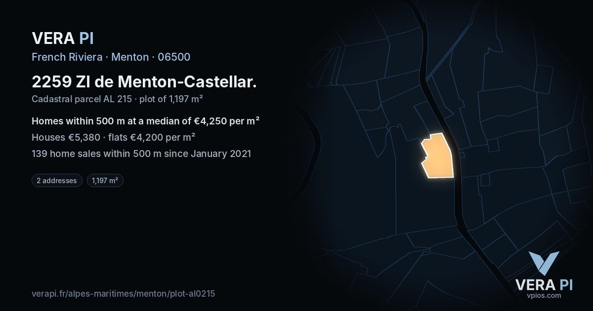 2259 ZI de Menton-Castellar, Menton at night – the plot lit, the parcels around coloured by the prices near them