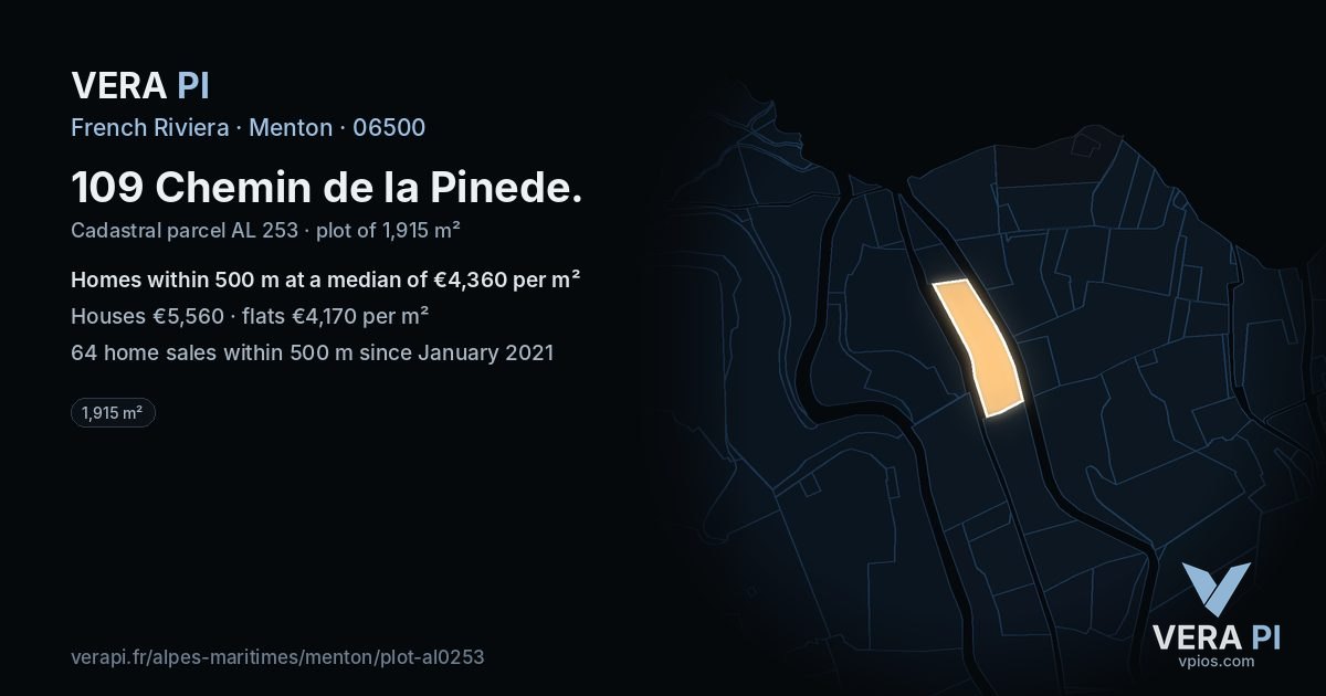 109 Chemin de la Pinede, Menton at night – the plot lit, the parcels around coloured by the prices near them