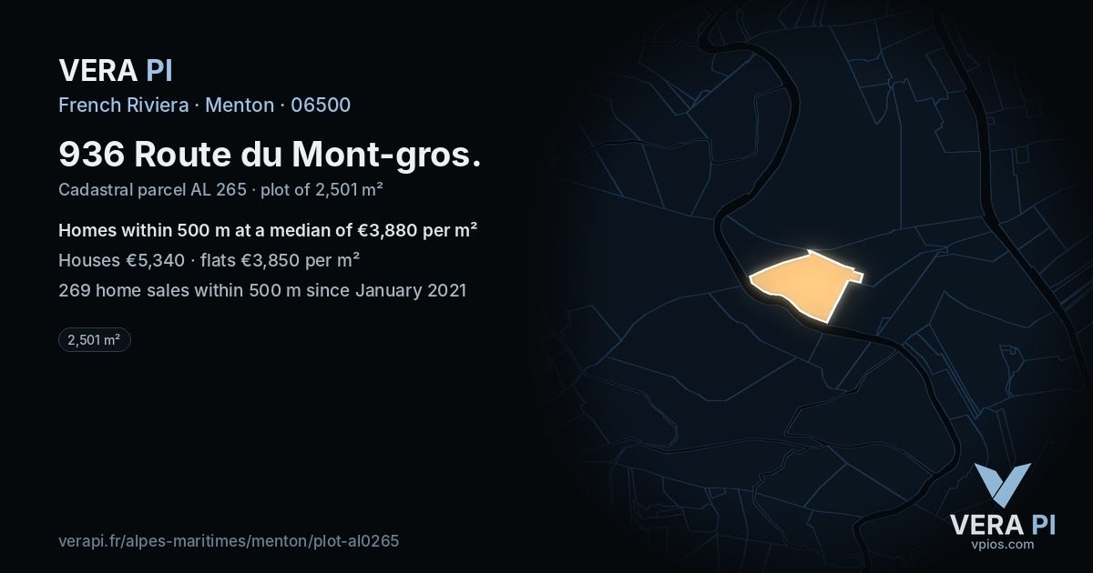 936 Route du Mont-gros, Menton at night – the plot lit, the parcels around coloured by the prices near them