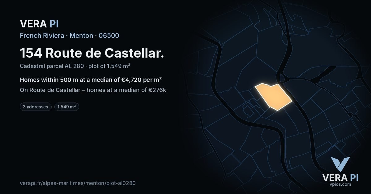 154 Route de Castellar, Menton at night – the plot lit, the parcels around coloured by the prices near them