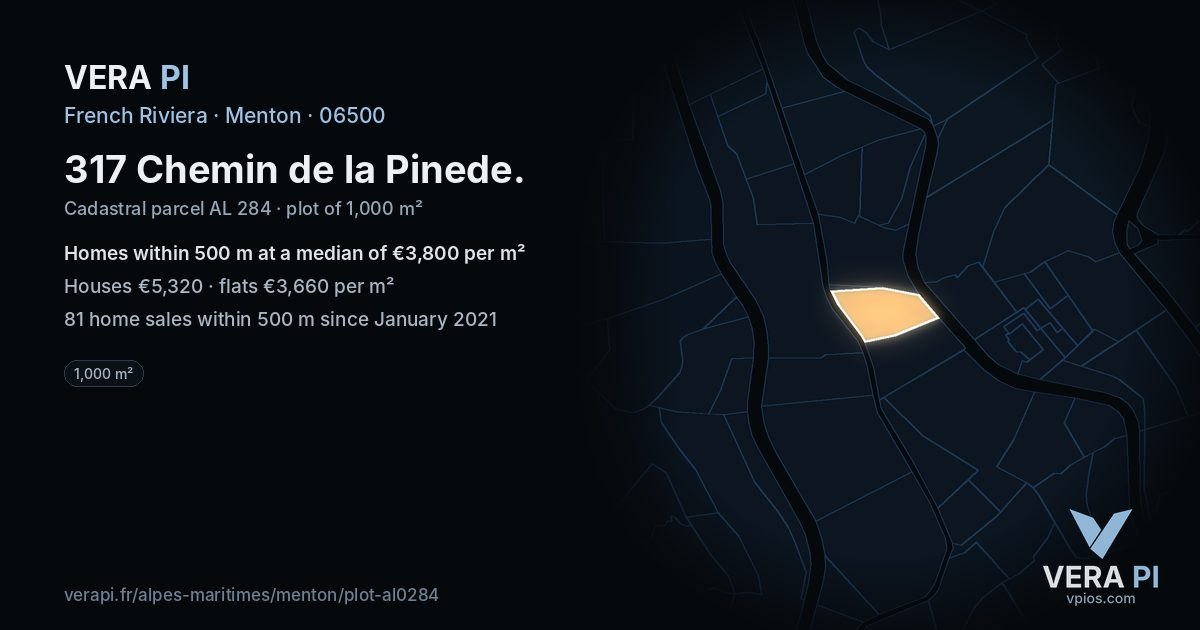 317 Chemin de la Pinede, Menton at night – the plot lit, the parcels around coloured by the prices near them