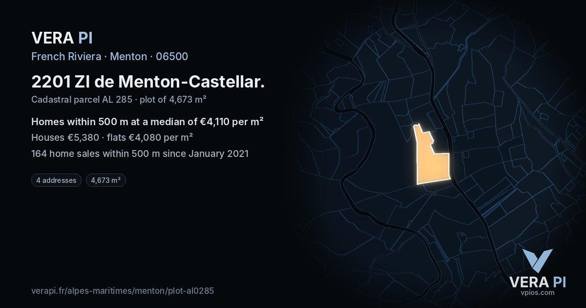 2201 ZI de Menton-Castellar, Menton at night – the plot lit, the parcels around coloured by the prices near them