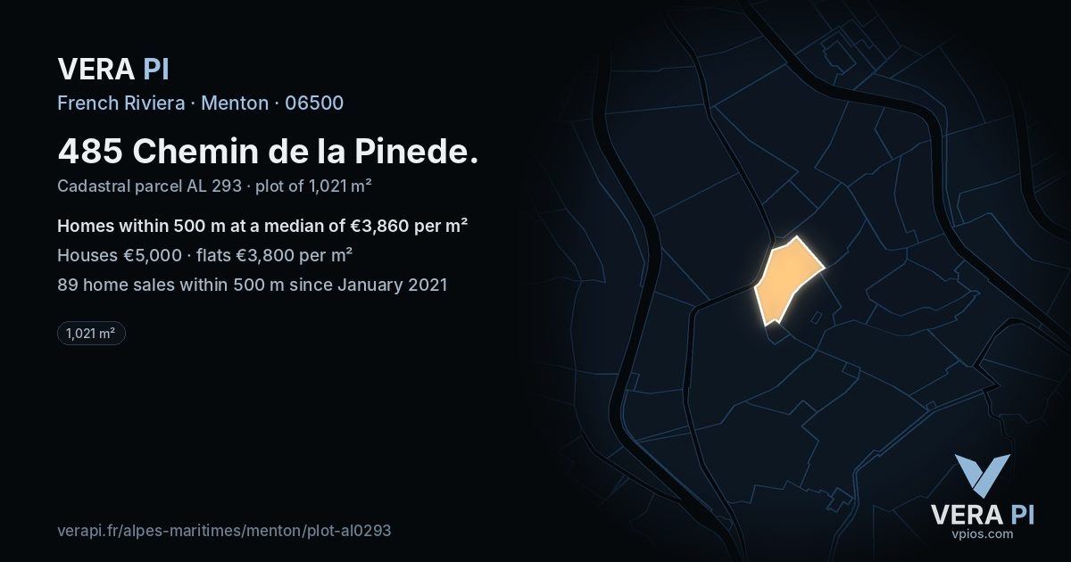 485 Chemin de la Pinede, Menton at night – the plot lit, the parcels around coloured by the prices near them