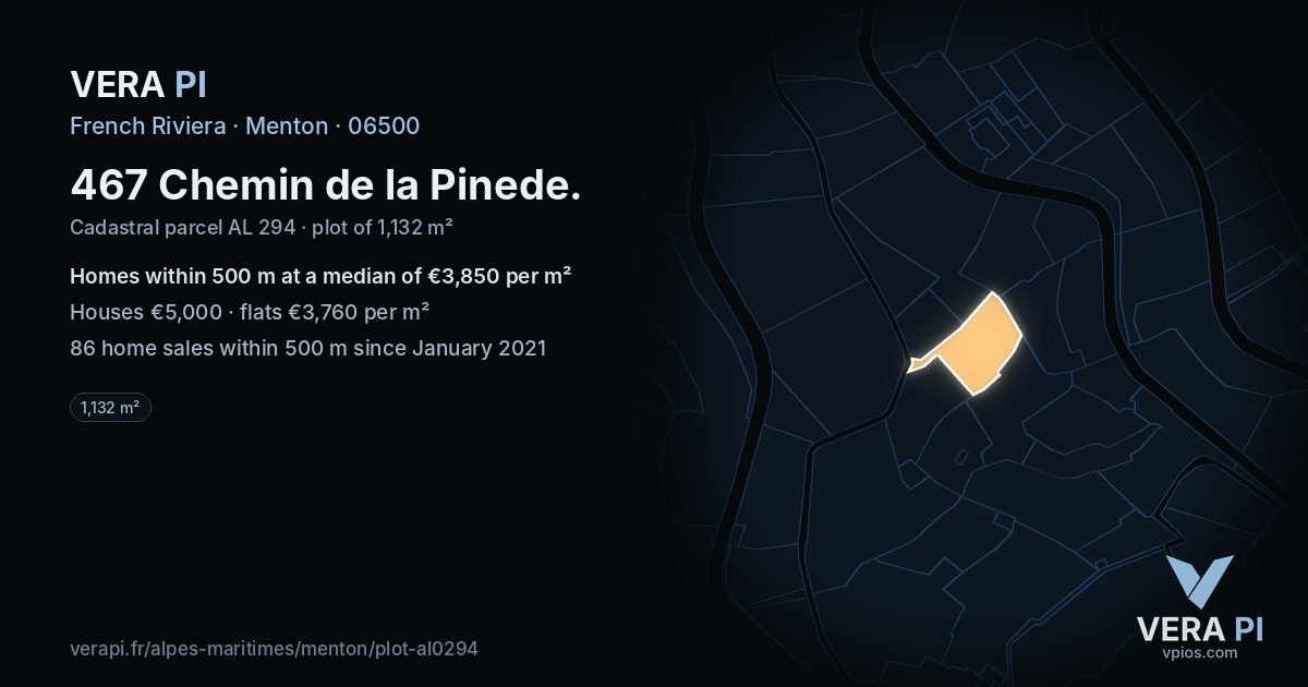 467 Chemin de la Pinede, Menton at night – the plot lit, the parcels around coloured by the prices near them