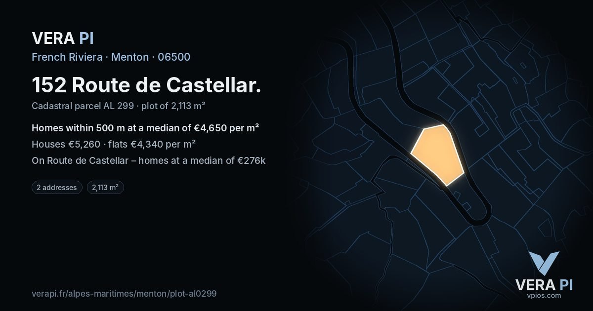 152 Route de Castellar, Menton at night – the plot lit, the parcels around coloured by the prices near them