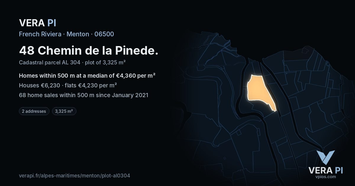 48 Chemin de la Pinede, Menton at night – the plot lit, the parcels around coloured by the prices near them