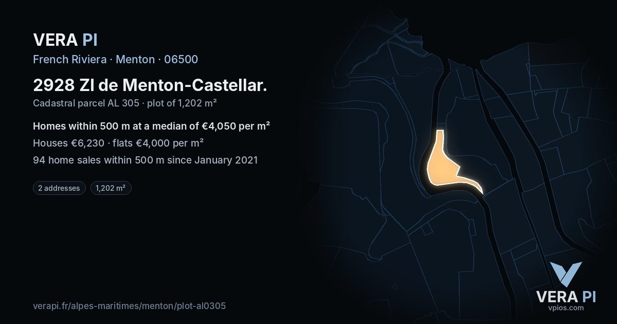 2928 ZI de Menton-Castellar, Menton at night – the plot lit, the parcels around coloured by the prices near them
