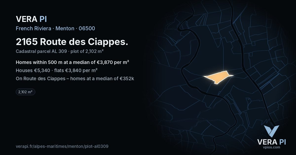 2165 Route des Ciappes, Menton at night – the plot lit, the parcels around coloured by the prices near them