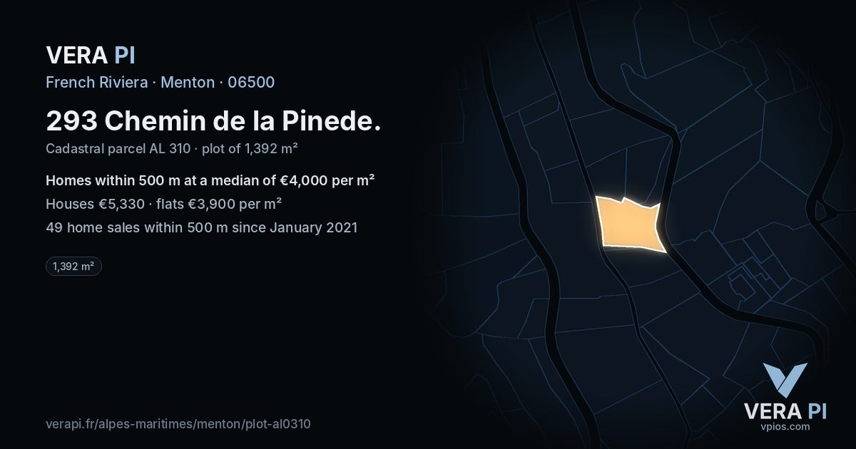 293 Chemin de la Pinede, Menton at night – the plot lit, the parcels around coloured by the prices near them