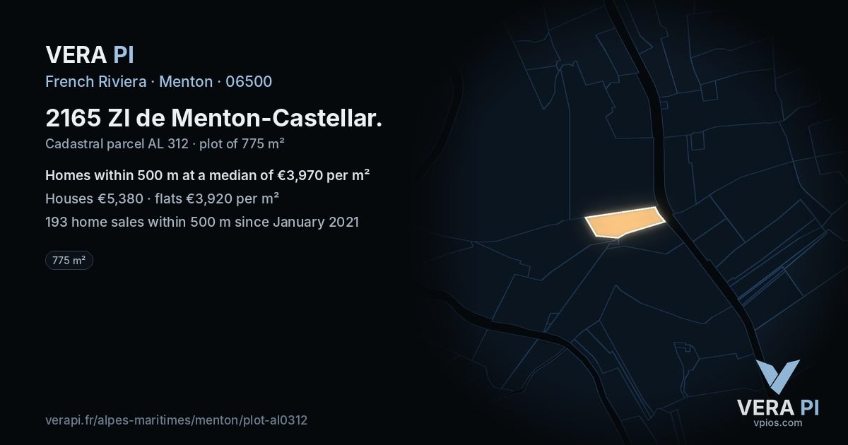 2165 ZI de Menton-Castellar, Menton at night – the plot lit, the parcels around coloured by the prices near them