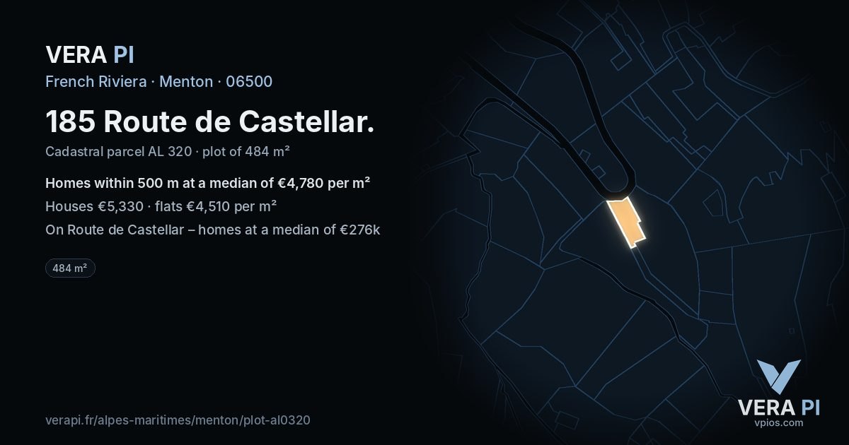 185 Route de Castellar, Menton at night – the plot lit, the parcels around coloured by the prices near them