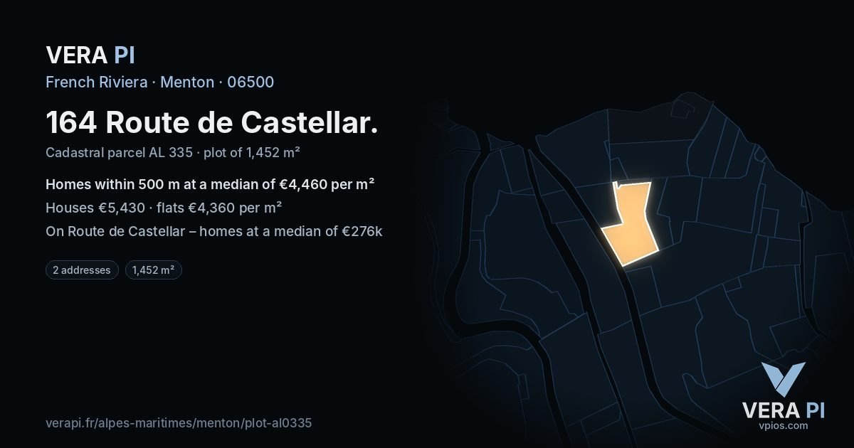 164 Route de Castellar, Menton at night – the plot lit, the parcels around coloured by the prices near them