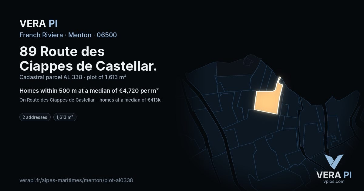 89 Route des Ciappes de Castellar, Menton at night – the plot lit, the parcels around coloured by the prices near them