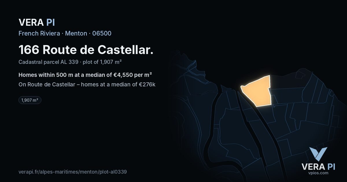166 Route de Castellar, Menton at night – the plot lit, the parcels around coloured by the prices near them
