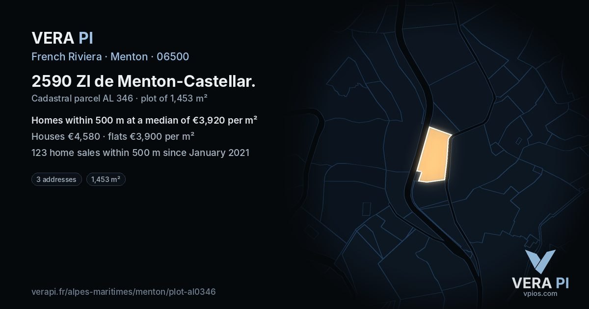 2590 ZI de Menton-Castellar, Menton at night – the plot lit, the parcels around coloured by the prices near them