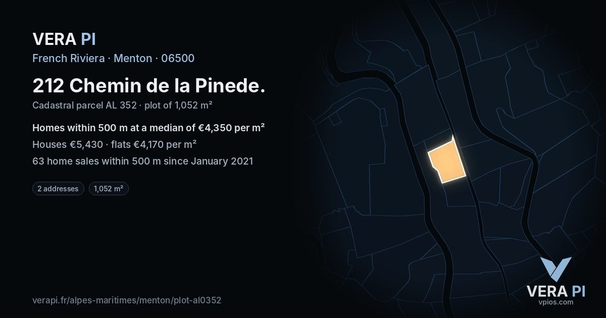 212 Chemin de la Pinede, Menton at night – the plot lit, the parcels around coloured by the prices near them