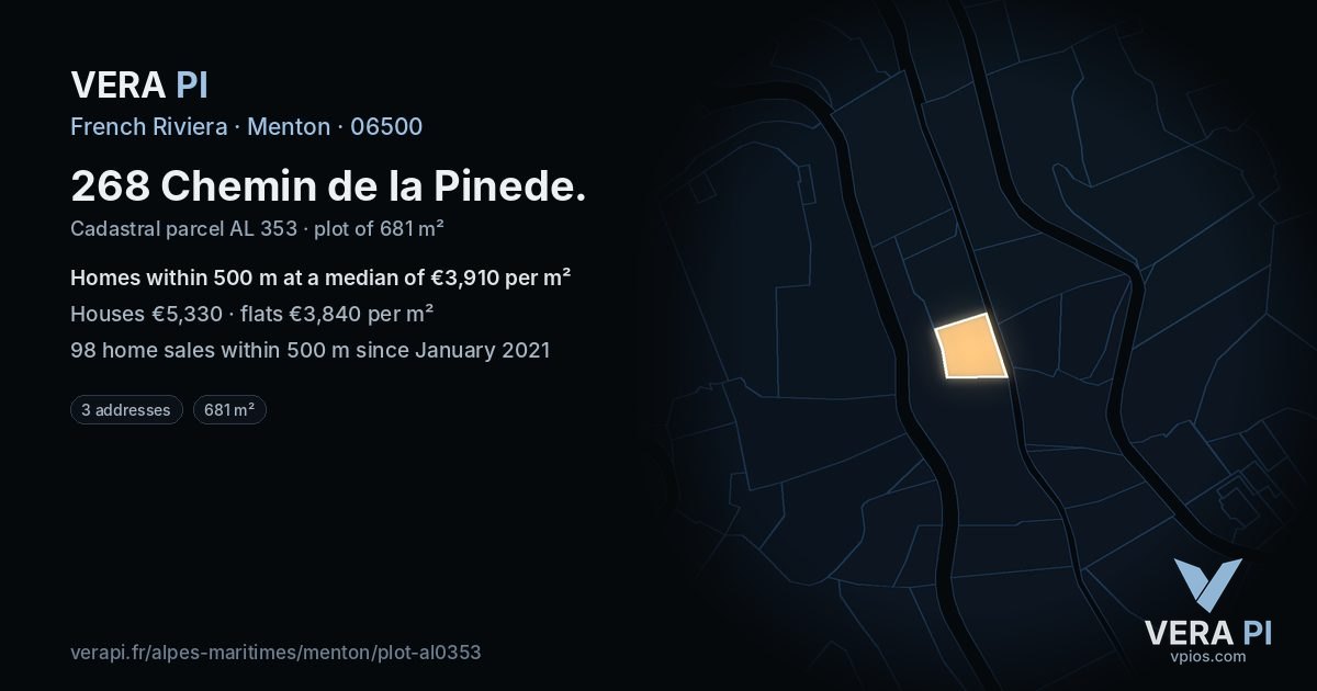 268 Chemin de la Pinede, Menton at night – the plot lit, the parcels around coloured by the prices near them
