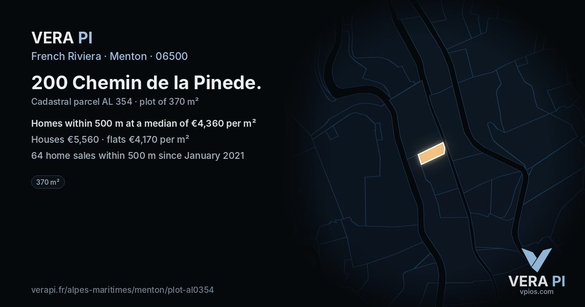 200 Chemin de la Pinede, Menton at night – the plot lit, the parcels around coloured by the prices near them