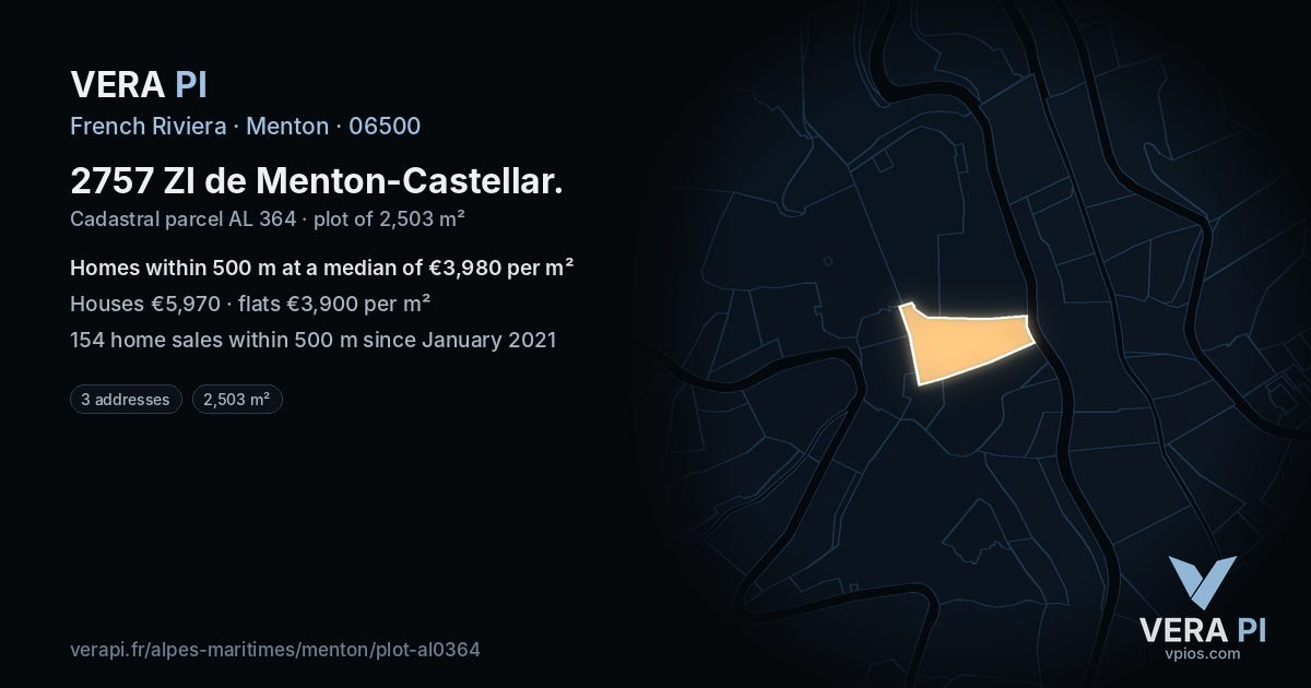 2757 ZI de Menton-Castellar, Menton at night – the plot lit, the parcels around coloured by the prices near them