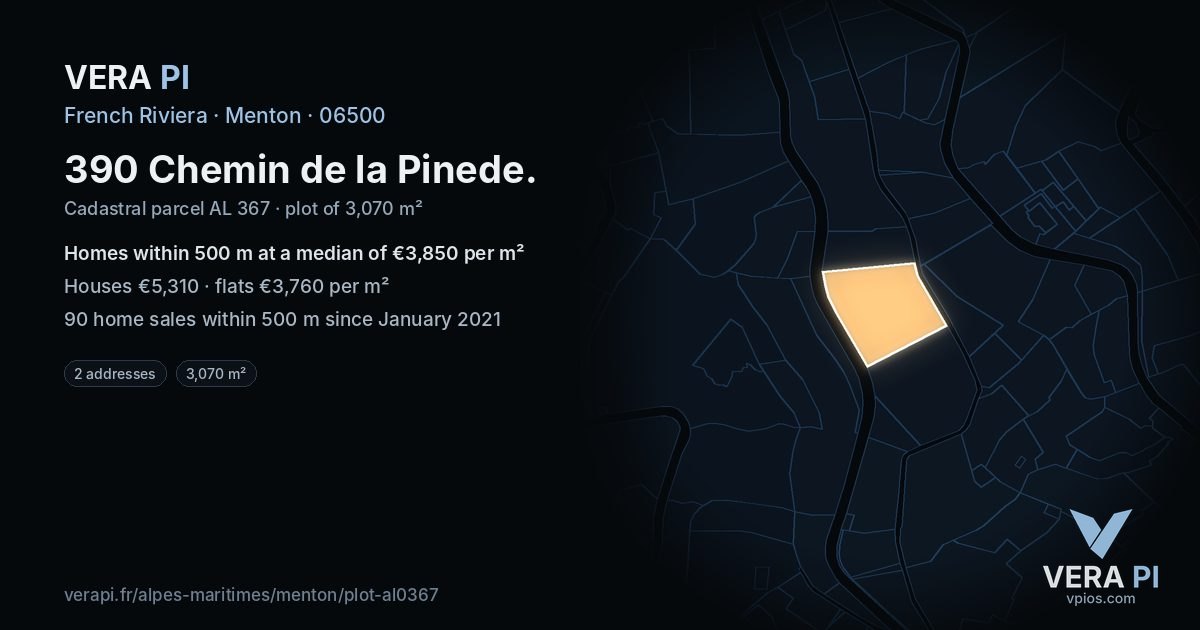 390 Chemin de la Pinede, Menton at night – the plot lit, the parcels around coloured by the prices near them