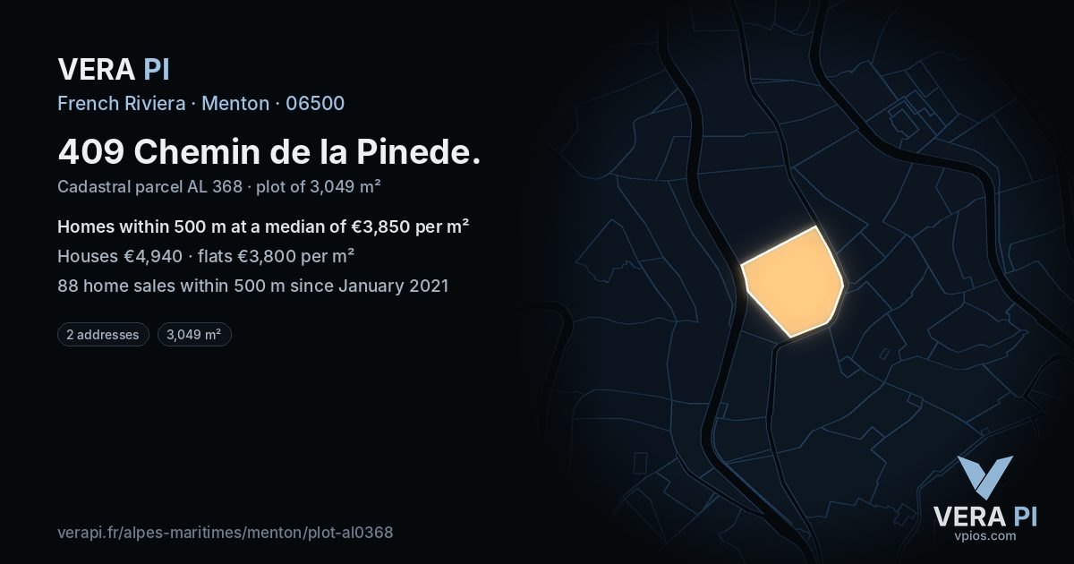 409 Chemin de la Pinede, Menton at night – the plot lit, the parcels around coloured by the prices near them