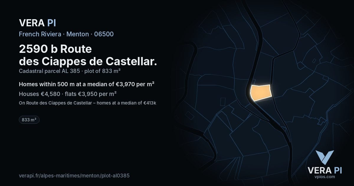 2590 b Route des Ciappes de Castellar, Menton at night – the plot lit, the parcels around coloured by the prices near them