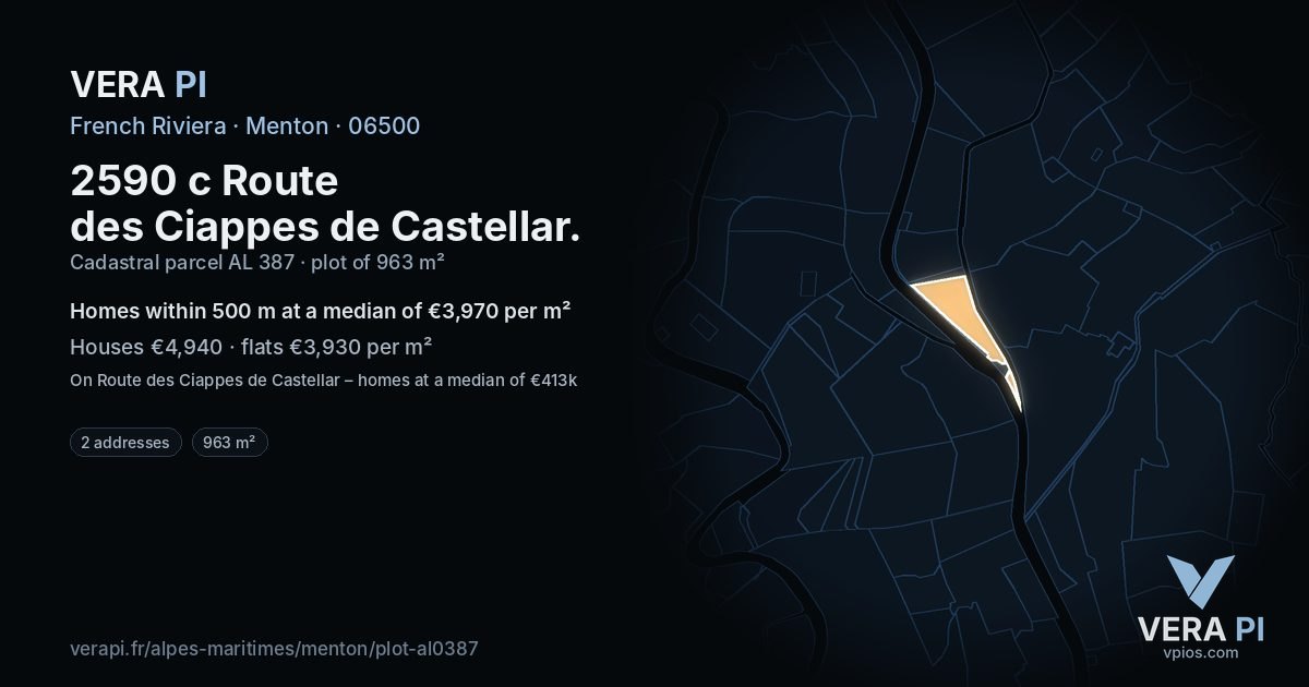 2590 c Route des Ciappes de Castellar, Menton at night – the plot lit, the parcels around coloured by the prices near them