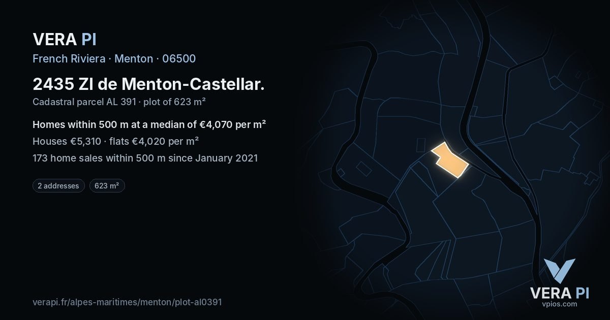 2435 ZI de Menton-Castellar, Menton at night – the plot lit, the parcels around coloured by the prices near them