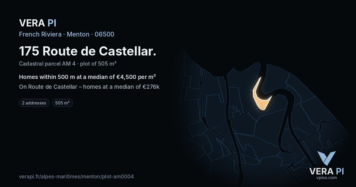 175 Route de Castellar, Menton at night – the plot lit, the parcels around coloured by the prices near them