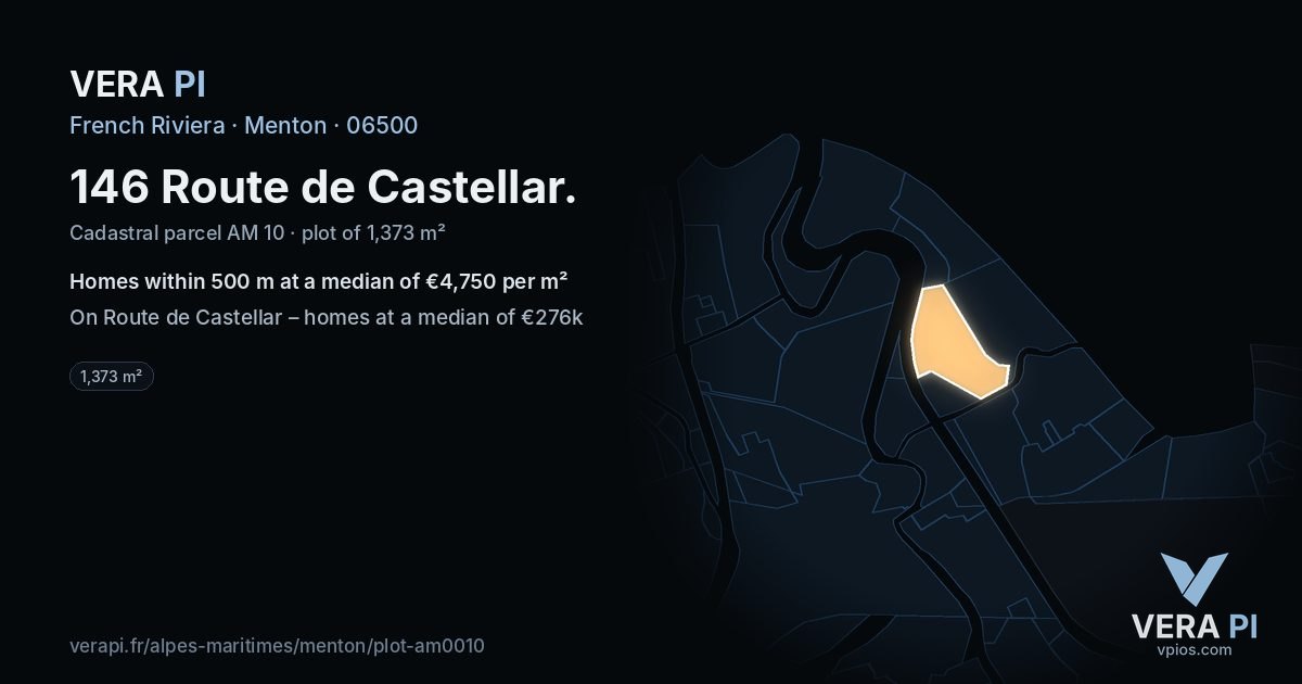 146 Route de Castellar, Menton at night – the plot lit, the parcels around coloured by the prices near them