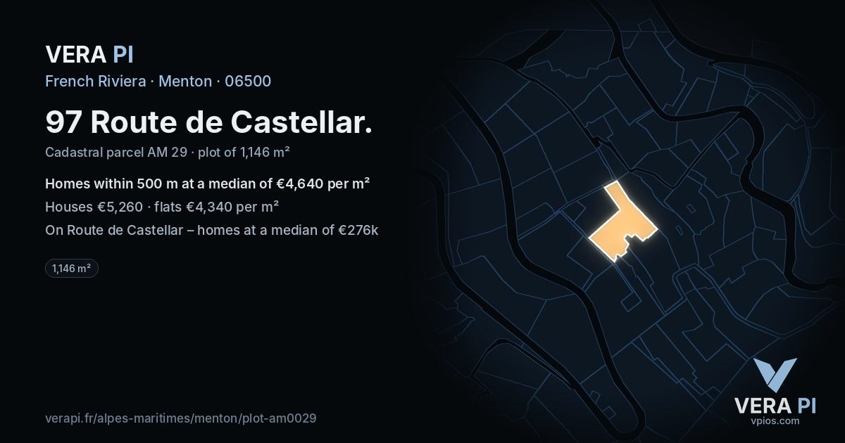 97 Route de Castellar, Menton at night – the plot lit, the parcels around coloured by the prices near them
