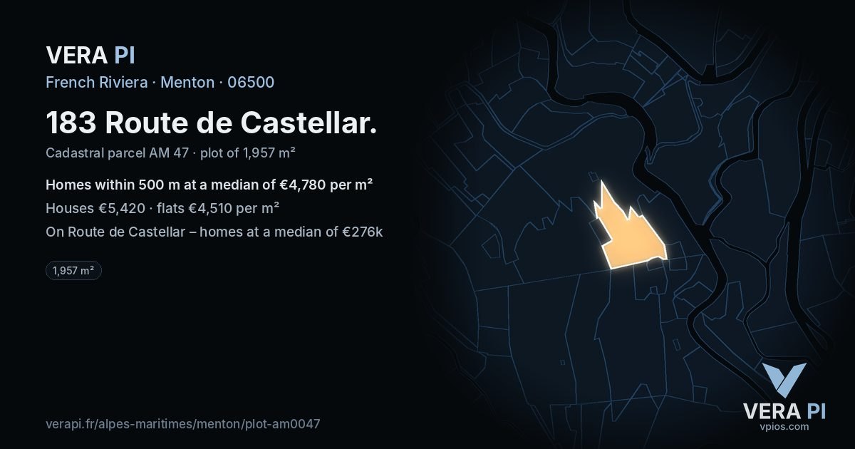 183 Route de Castellar, Menton at night – the plot lit, the parcels around coloured by the prices near them