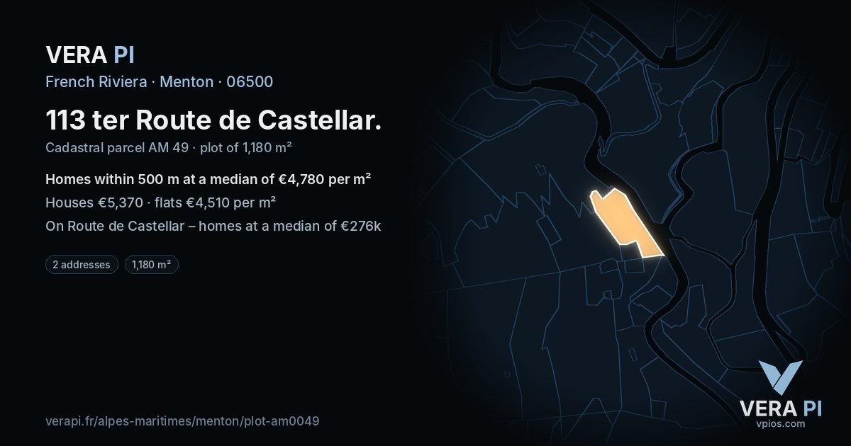 113 ter Route de Castellar, Menton at night – the plot lit, the parcels around coloured by the prices near them