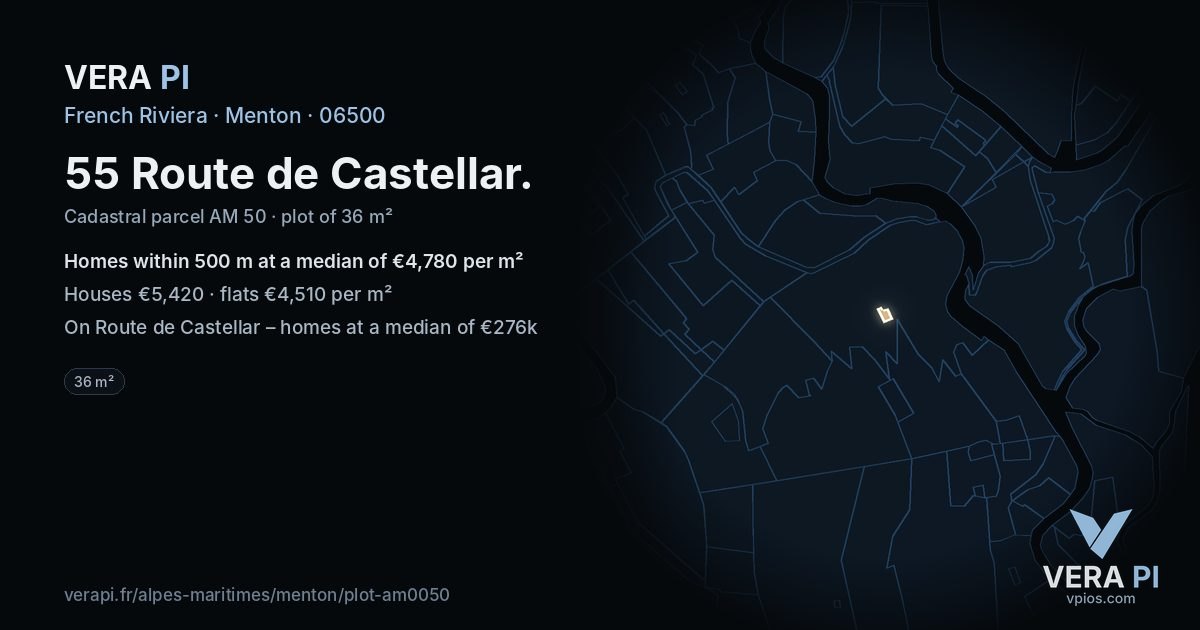 55 Route de Castellar, Menton at night – the plot lit, the parcels around coloured by the prices near them