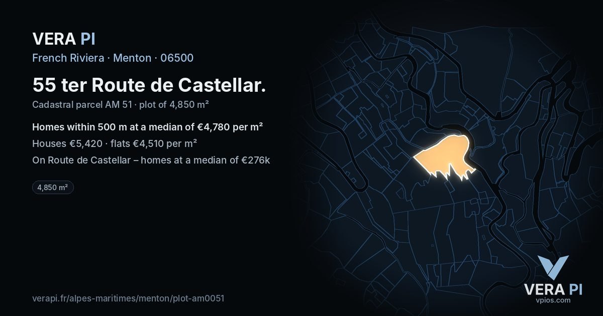 55 ter Route de Castellar, Menton at night – the plot lit, the parcels around coloured by the prices near them