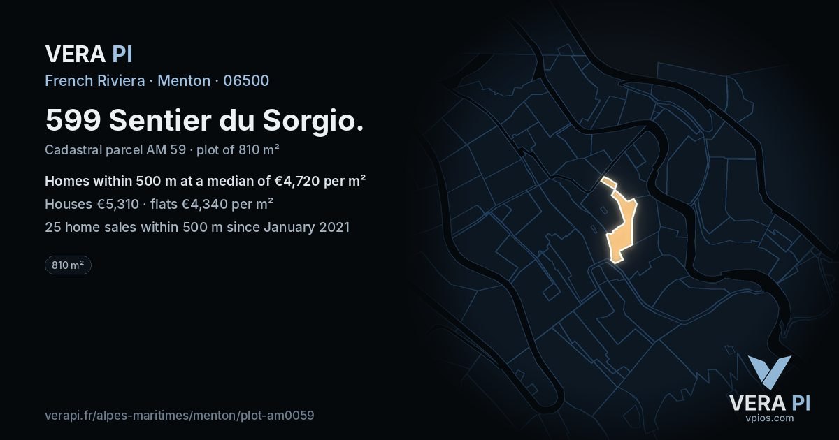 599 Sentier du Sorgio, Menton at night – the plot lit, the parcels around coloured by the prices near them