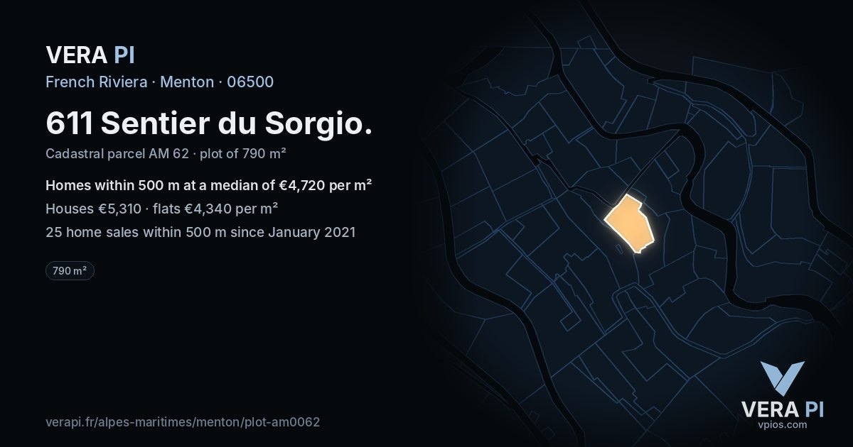 611 Sentier du Sorgio, Menton at night – the plot lit, the parcels around coloured by the prices near them