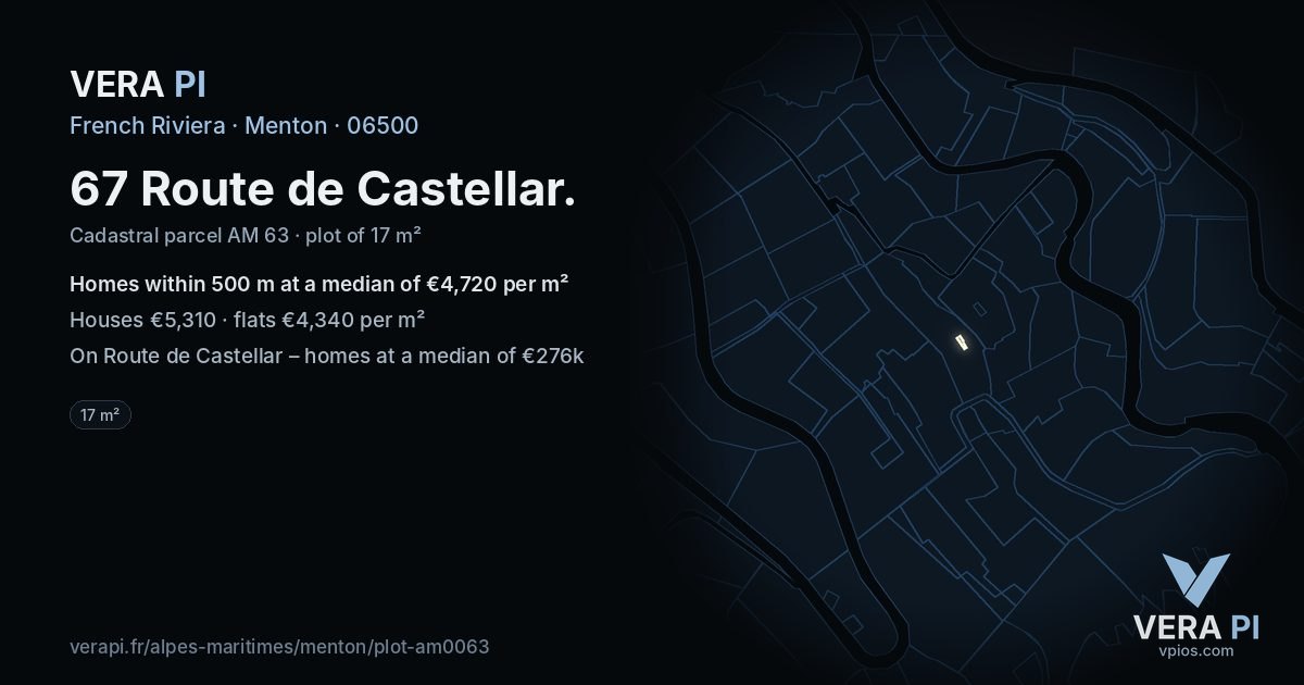 67 Route de Castellar, Menton at night – the plot lit, the parcels around coloured by the prices near them
