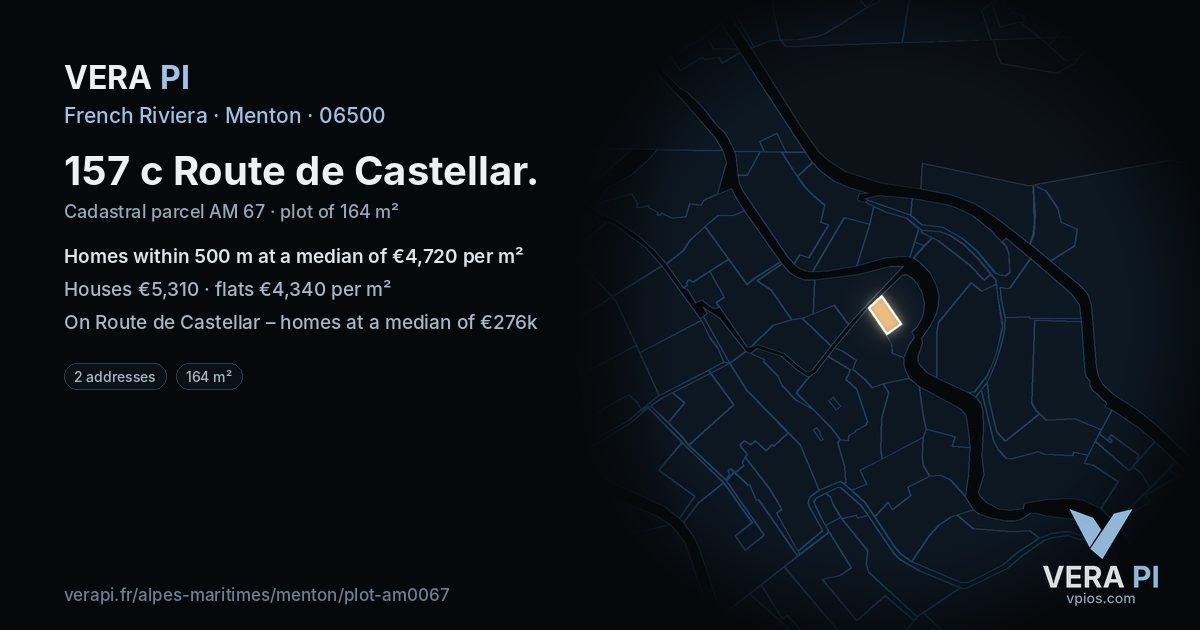 157 c Route de Castellar, Menton at night – the plot lit, the parcels around coloured by the prices near them