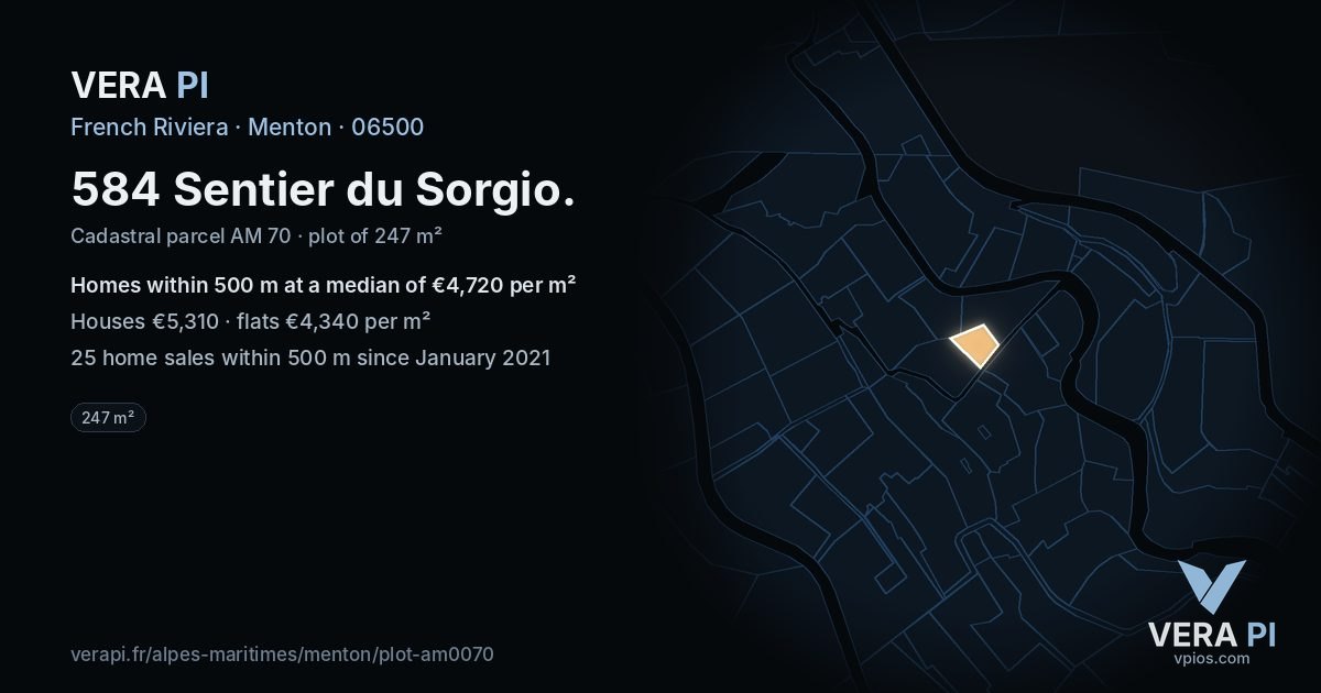 584 Sentier du Sorgio, Menton at night – the plot lit, the parcels around coloured by the prices near them