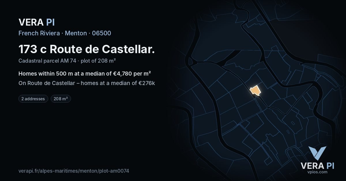 173 c Route de Castellar, Menton at night – the plot lit, the parcels around coloured by the prices near them