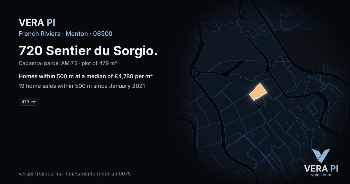 720 Sentier du Sorgio, Menton at night – the plot lit, the parcels around coloured by the prices near them
