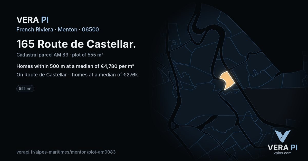 165 Route de Castellar, Menton at night – the plot lit, the parcels around coloured by the prices near them