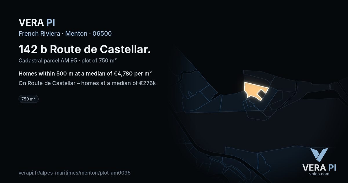 142 b Route de Castellar, Menton at night – the plot lit, the parcels around coloured by the prices near them