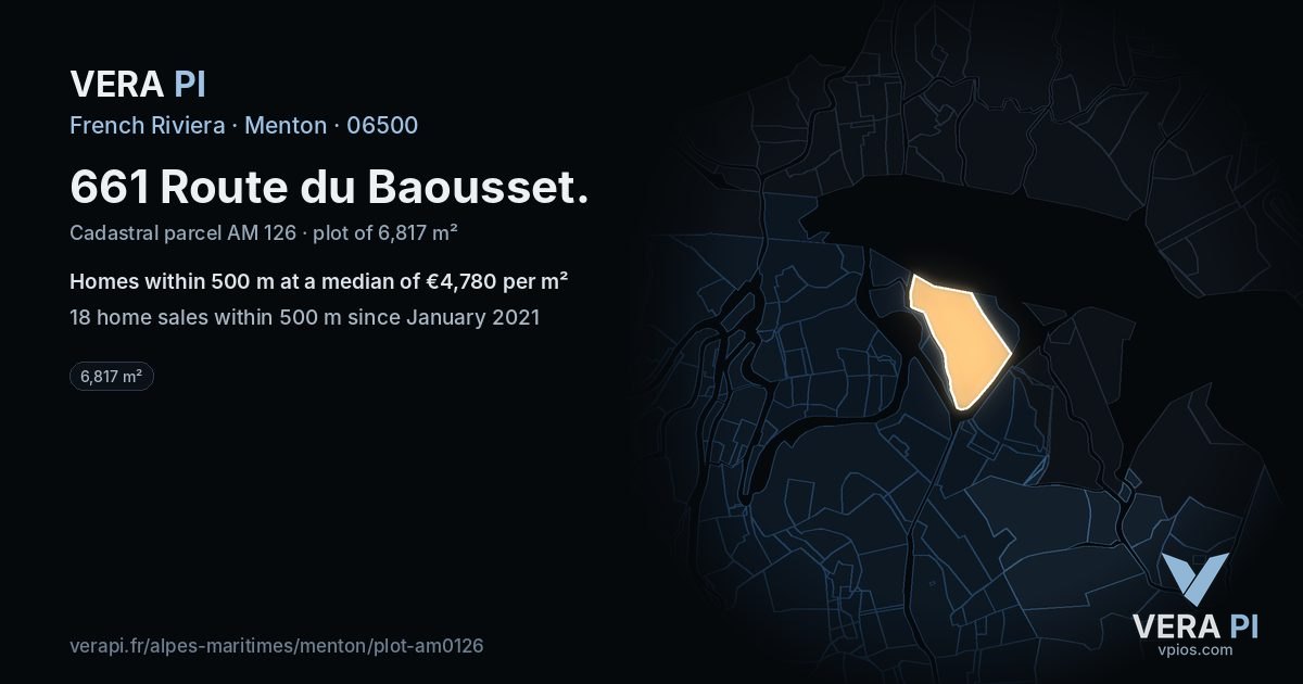 661 Route du Baousset, Menton at night – the plot lit, the parcels around coloured by the prices near them