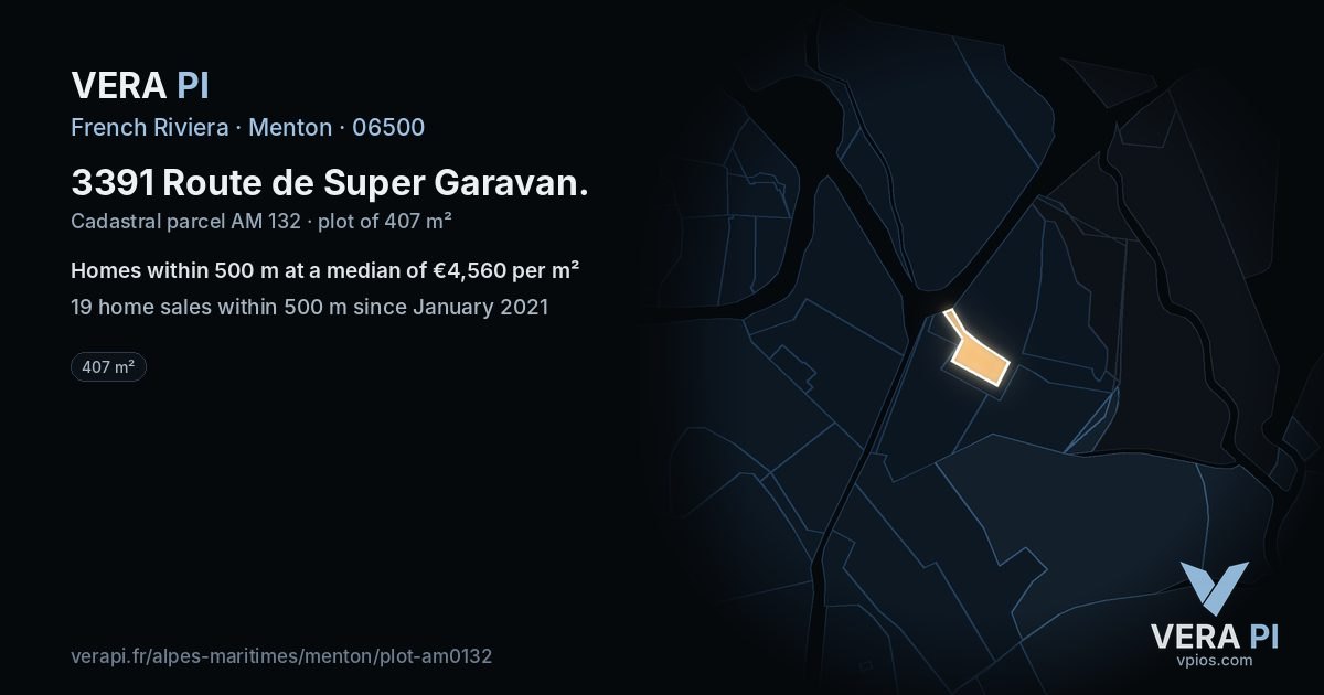 3391 Route de Super Garavan, Menton at night – the plot lit, the parcels around coloured by the prices near them